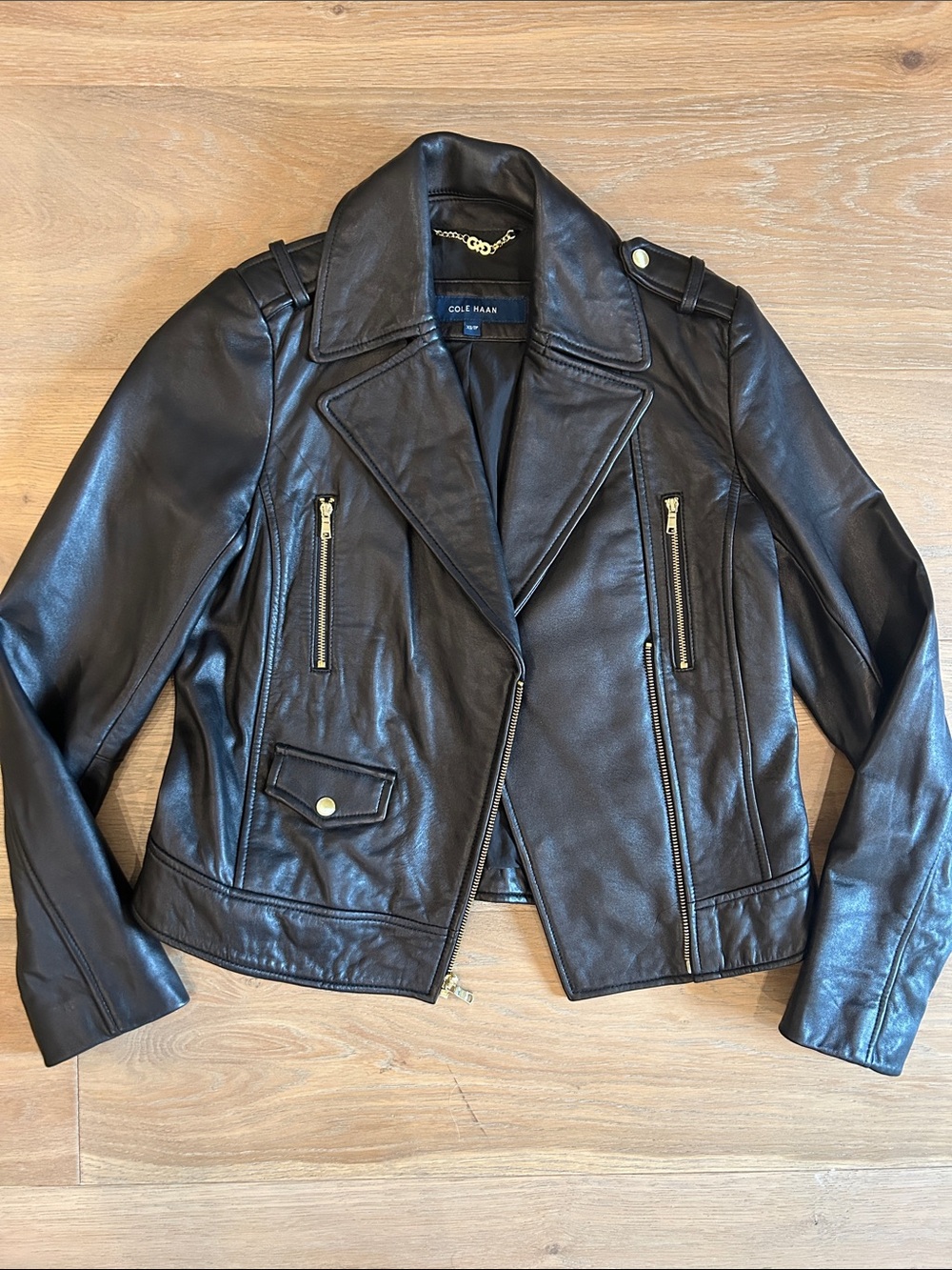 Cole Haan Black Leather Biker Jacket with Gold Hardware
